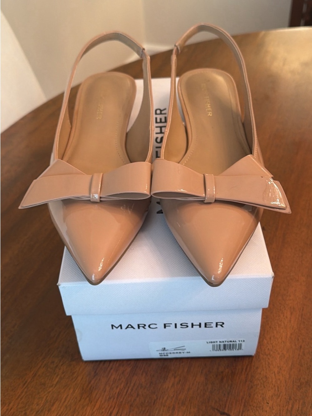 Marc Fisher Light Nude Patent Pointed-Toe Slingback Flats with Bow